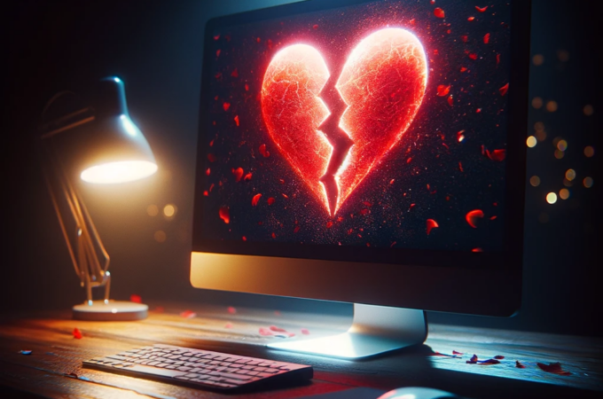 The image depicts a desktop computer with a picture of a broken heart on the screen in a somber atmosphere to describe the theme of romance scams.