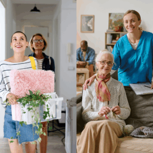 On the left half of the image is a photo of a mother and teen walking into a dorm room. On the right side is a woman on a couch with retirement home staff.