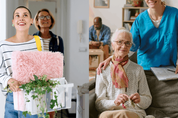 On the left half of the image is a photo of a mother and teen walking into a dorm room. On the right side is a woman on a couch with retirement home staff.